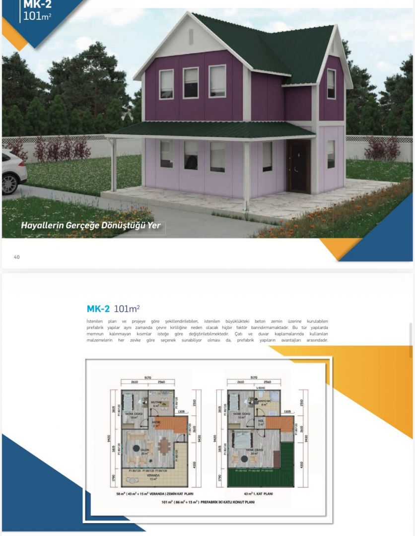 101 m2 çift katlı prefabrik ev