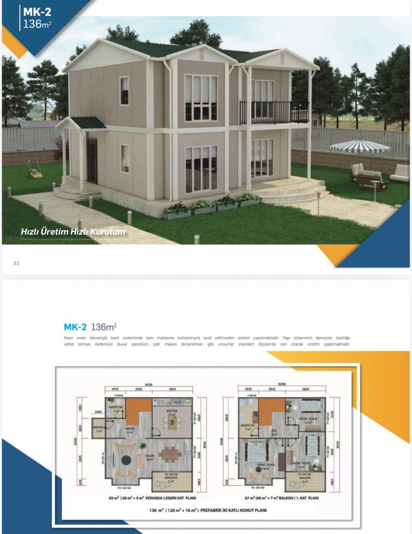 136  m2 çift katlı prefabrik ev