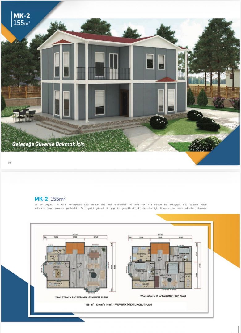 155 m2 çift katlı prefabrik ev