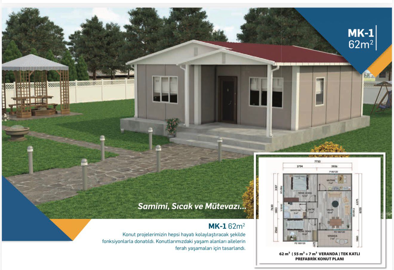 62 m2 tek katlı prefabrik evler