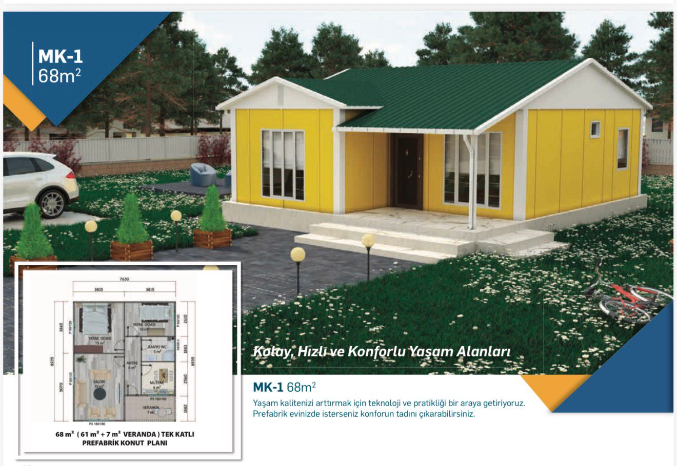 68 m2 tek katlı prefabrik evler