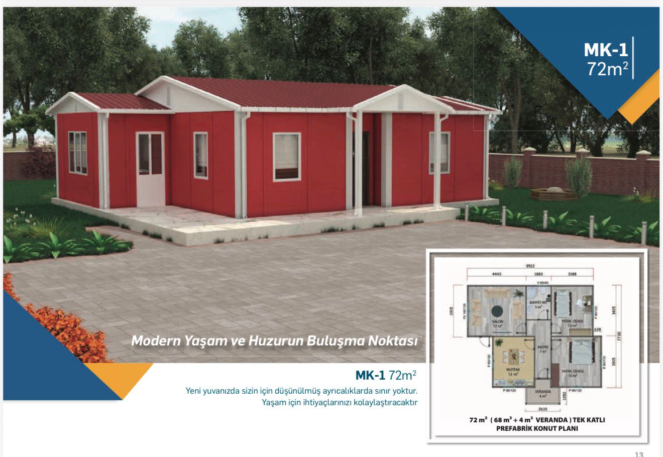 72 m2 tek katlı prefabrik evler