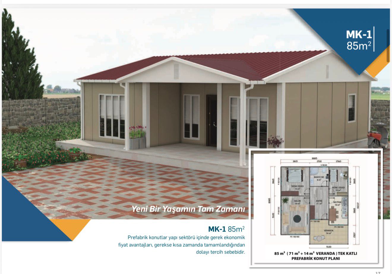 85 m2 tek katlı prefabrik evler