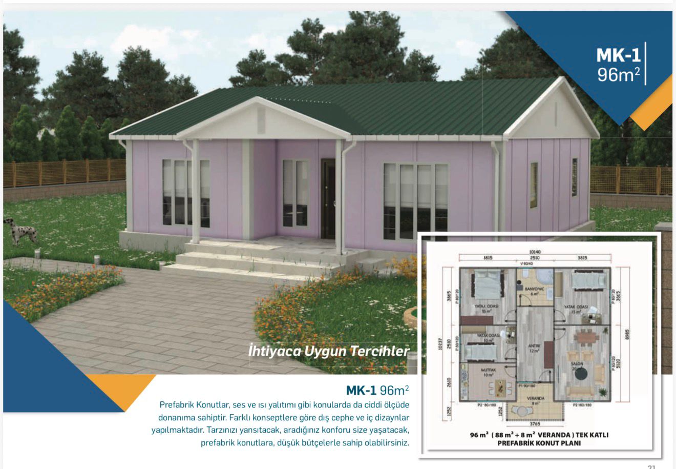 96 m2 tek katlı prefabrik ev